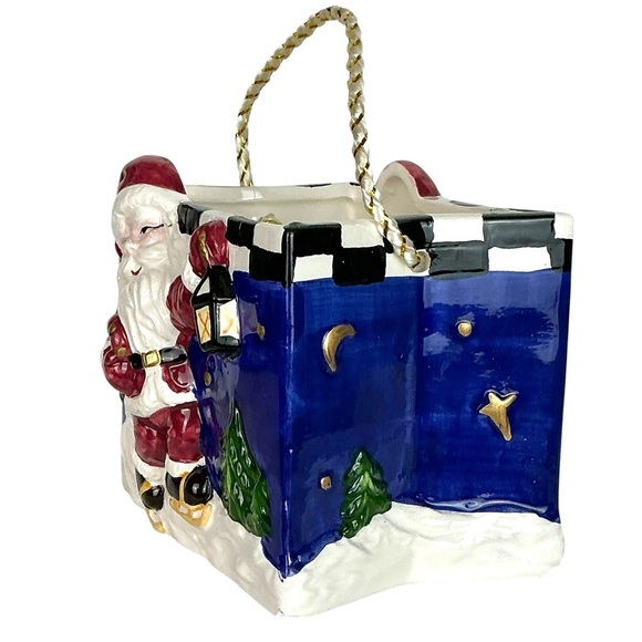 Vintage Ceramic Gift Bag Decorative Skating Santa Blue Christmas Holiday Theme - Picture 8 of 16